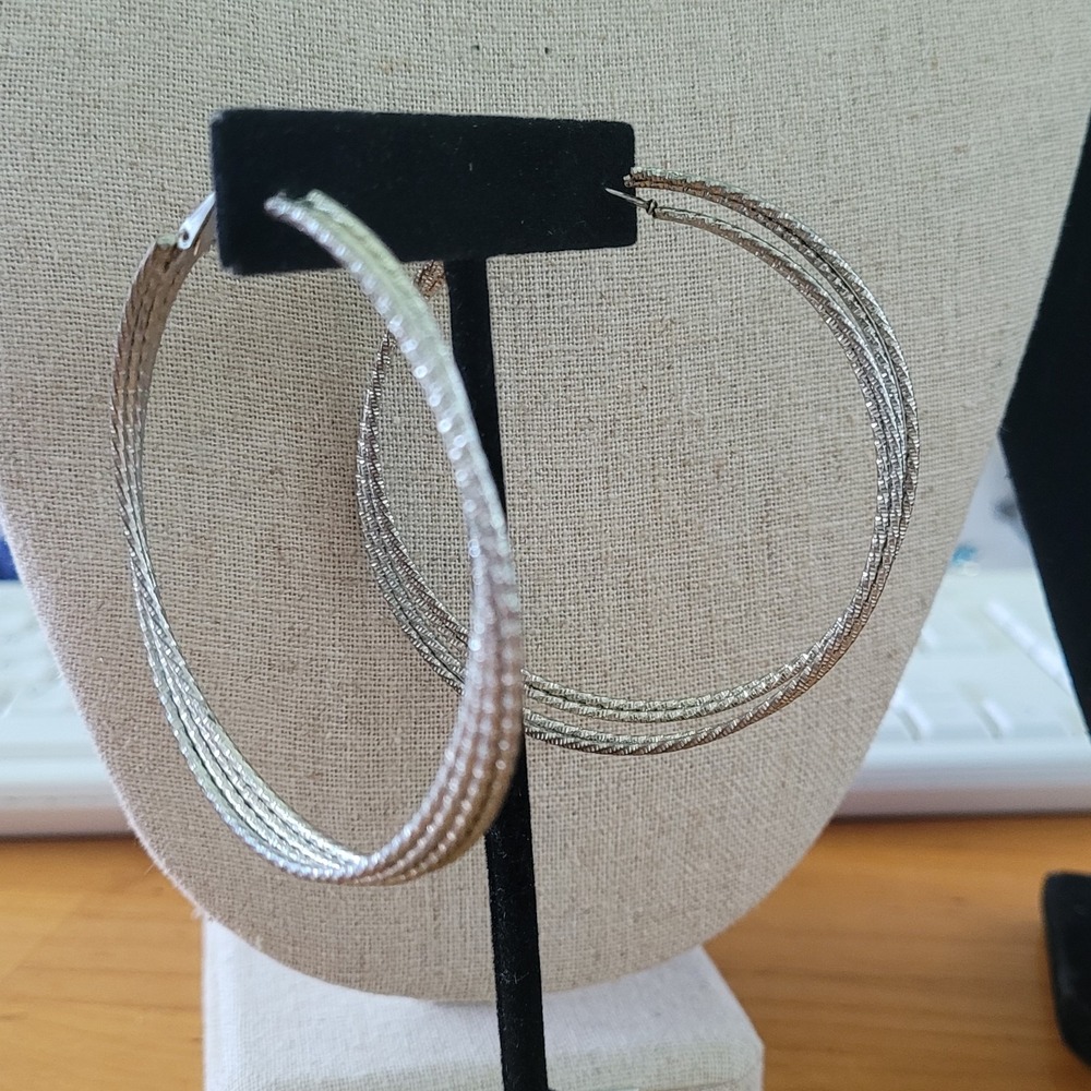 Vintage Silver Tone Multi Hoop Earrings Textured Statement 2in 20g